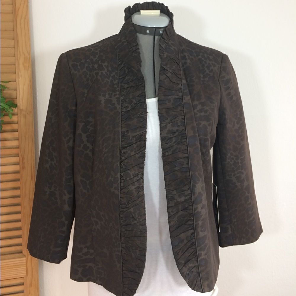 Willi Smith Dark Brown Animal Print Ruffle Edge Open Front Blazer Jacket NEW - Picture 2 of 7
